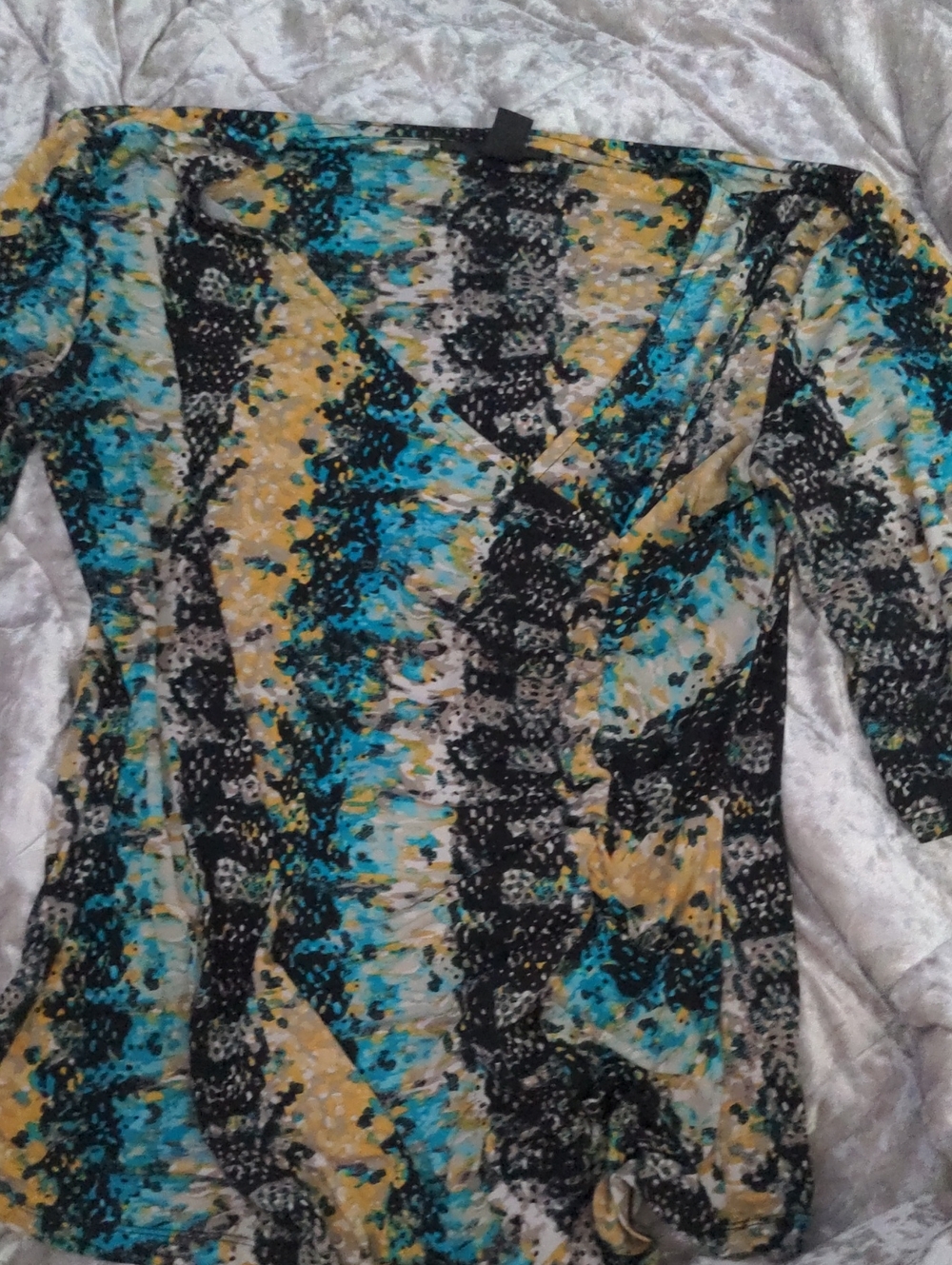 Style & Co. Abstract Splash V-Neck Top - Teal, Yellow & Black (Size: SMALL)
